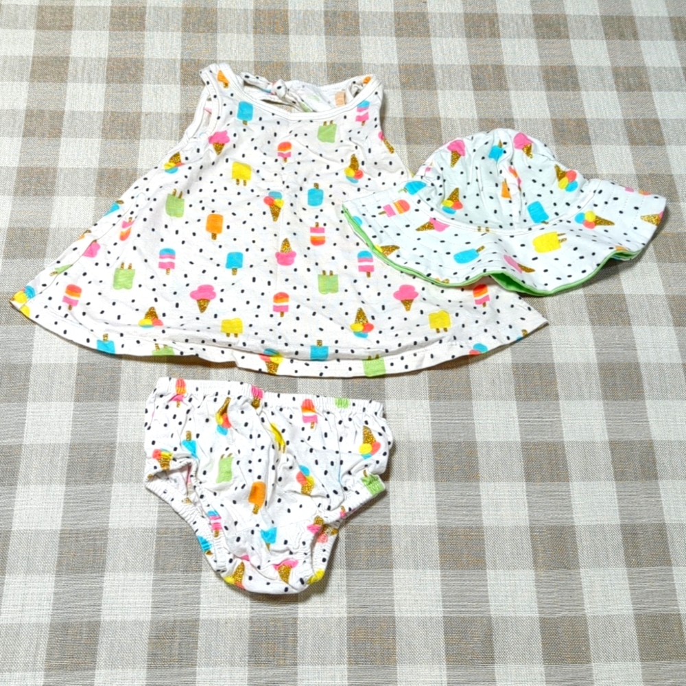 3/$12 3-6M Gerber summer dress, hat, and bloomers set with Ice cream pattern